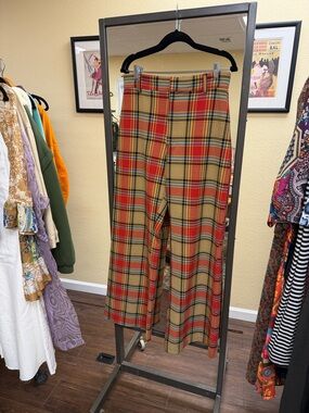 Free People Jules Red and Tan Plaid Wide-Leg Pants